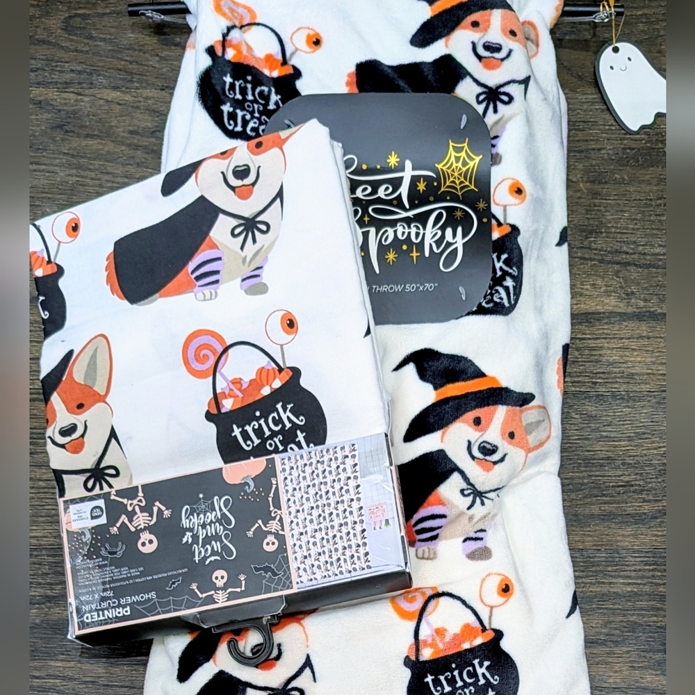 New Corgi Dog Halloween Witch Costume Cauldron Throw Blanket + Shower Curtain
